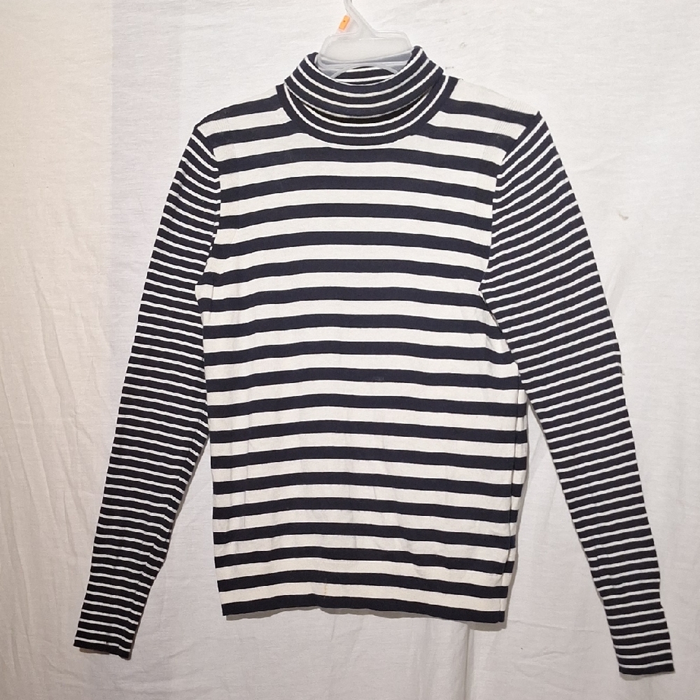 Banana Republic Cashmere Cotton Striped Turtleneck Sweater, Black White